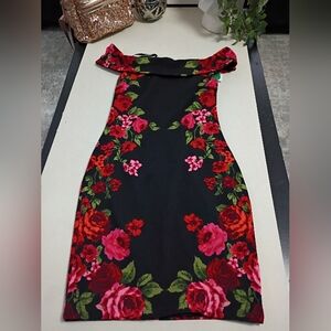 Premier Strapless Black Dress with Red Floral Design